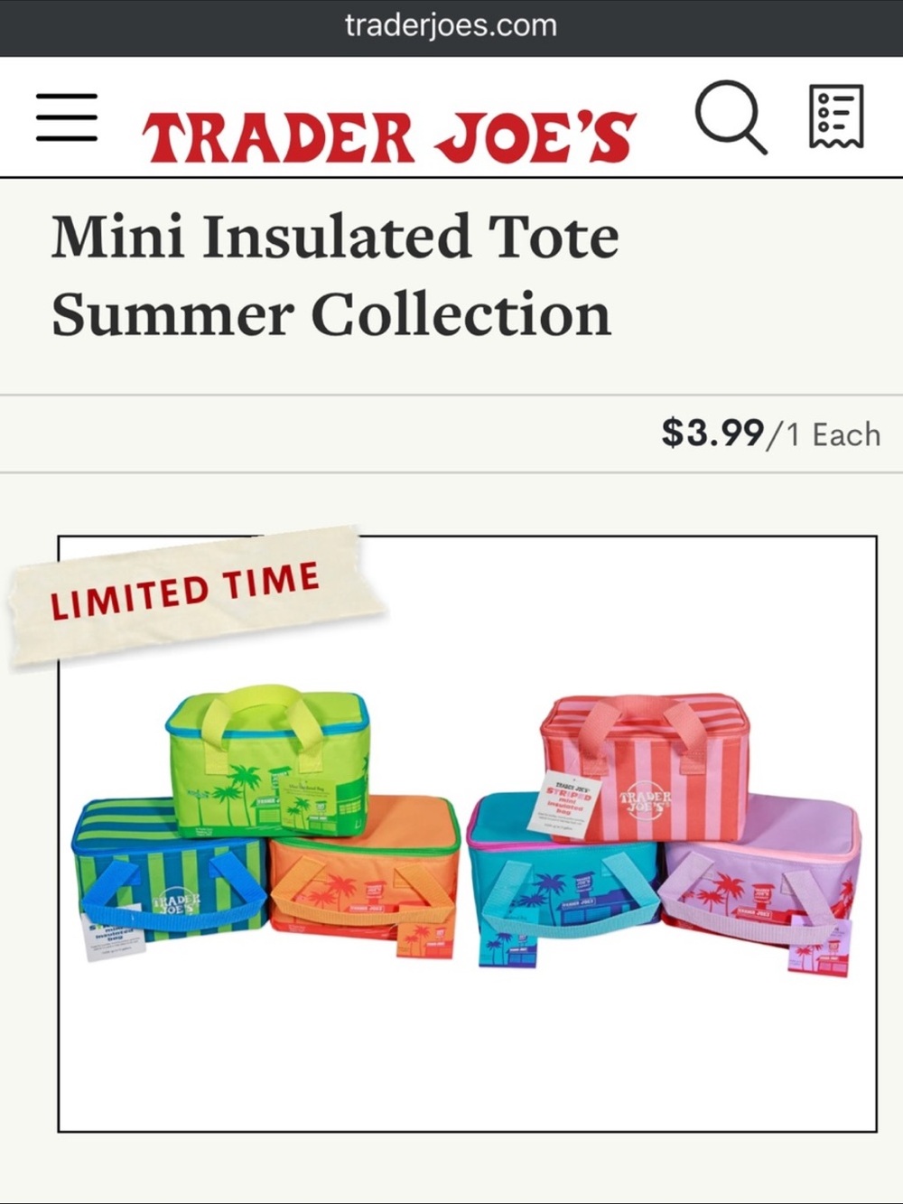 NWT Trader Joe's Mini Insulated Tote - Summer Collection in Sunny Orange